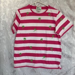 Pink and white striped palm tree tshirt,sizeL